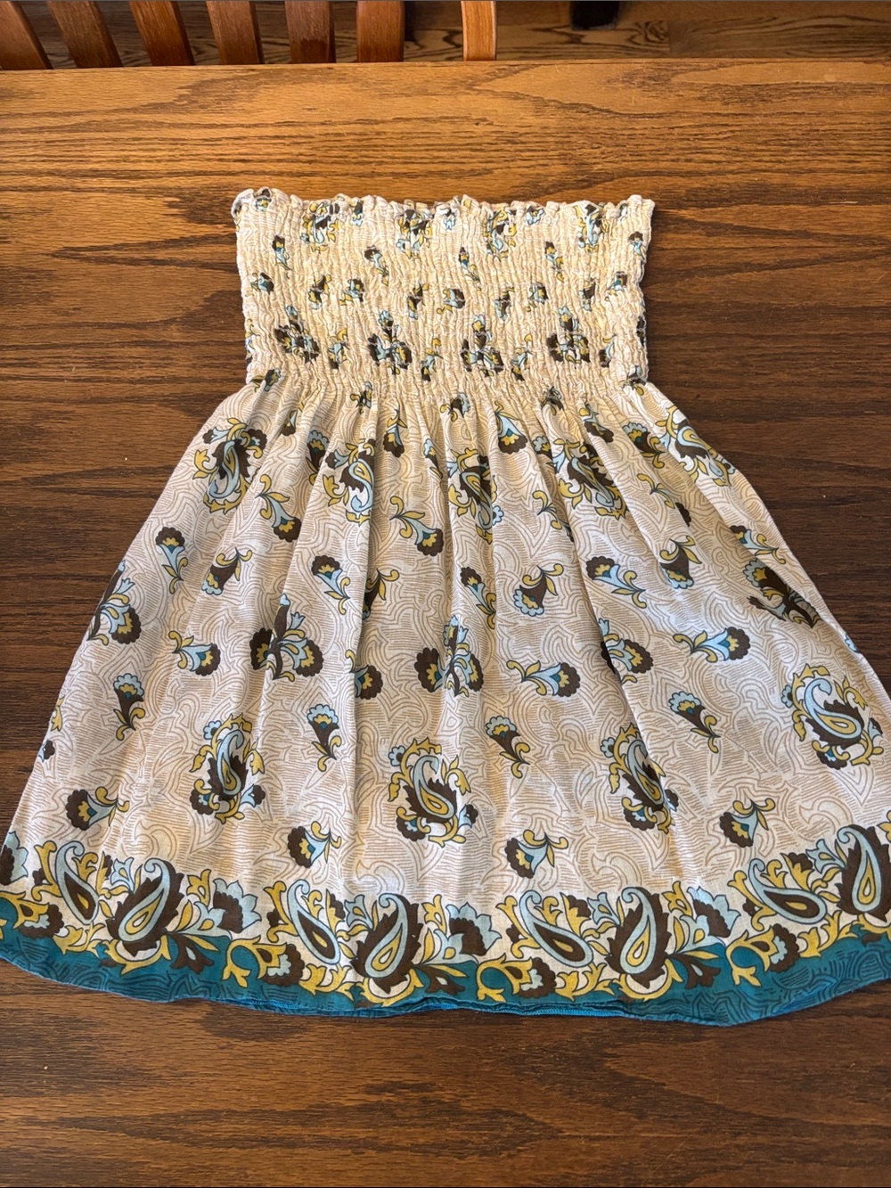 Smocked Beige & Teal Paisley Strapless Top
